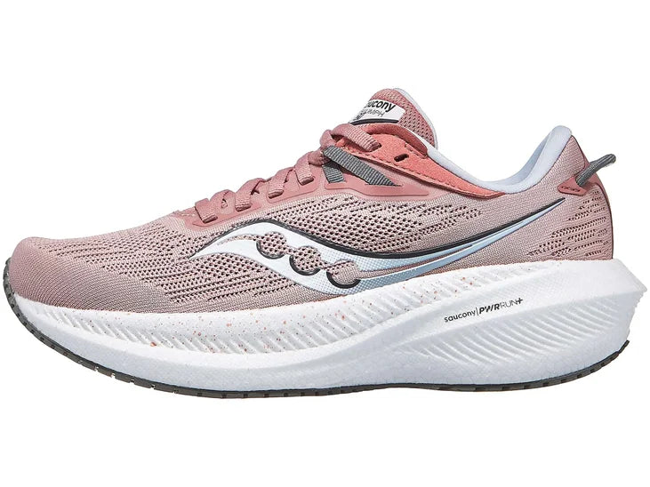 Women's Saucony Triumph 21. Pink/Grey upper. White midsole. Lateral view.