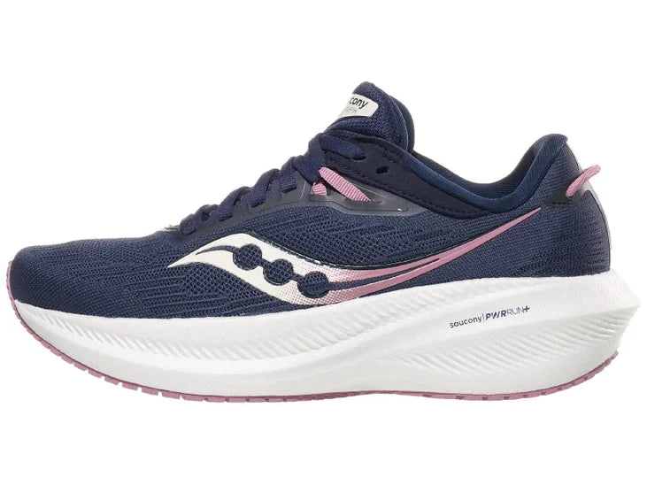 Women's Saucony Triumph 21. Navy upper. White midsole. Lateral view.