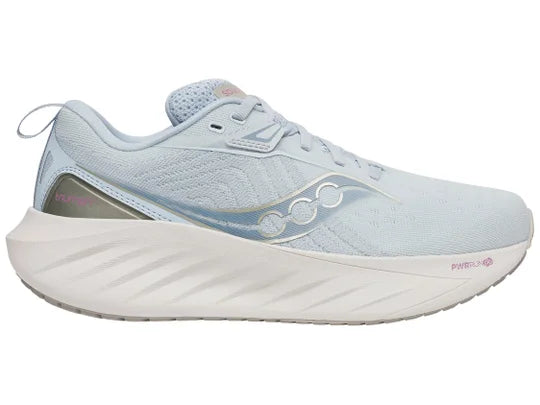 Women's Saucony Triumph 22. Light blue upper. White midsole. Lateral view.
