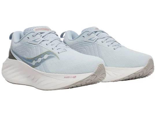 Women's Saucony Triumph 22. Light blue upper. White midsole. Lateral view.