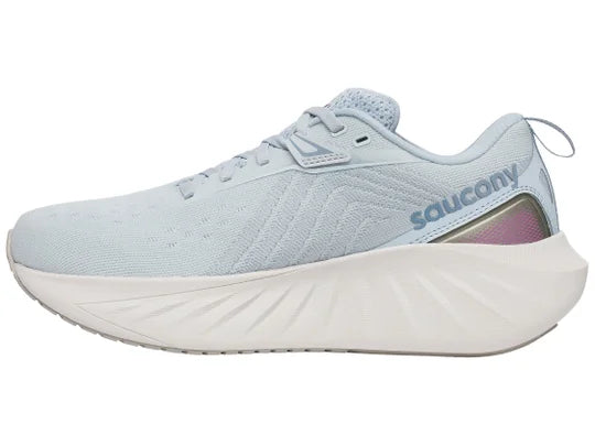 Women's Saucony Triumph 22. Light blue upper. White midsole. Medial view.