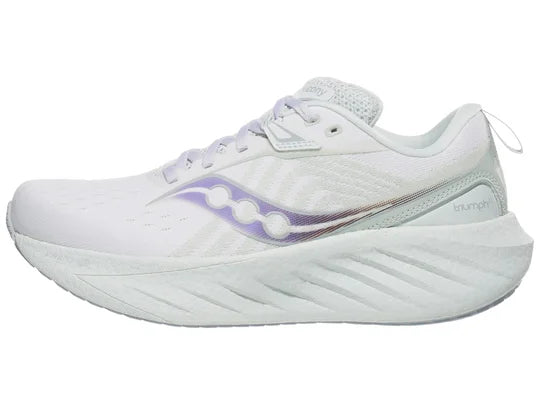 Women's Saucony Triumph 22. White upper. White midsole. Lateral view.