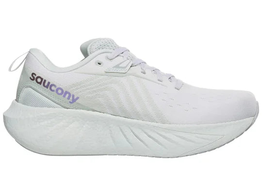 Women's Saucony Triumph 22. White upper. White midsole. Medial view.