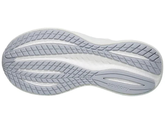 Women's Saucony Triumph 22. White upper. White midsole. Bottom view.