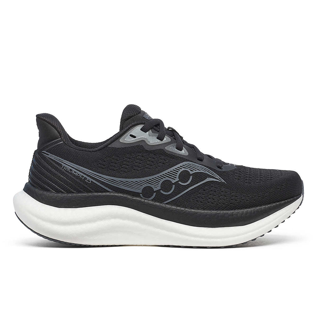 Women's Saucony Triumph 23. Black upper. White midsole. Lateral view.