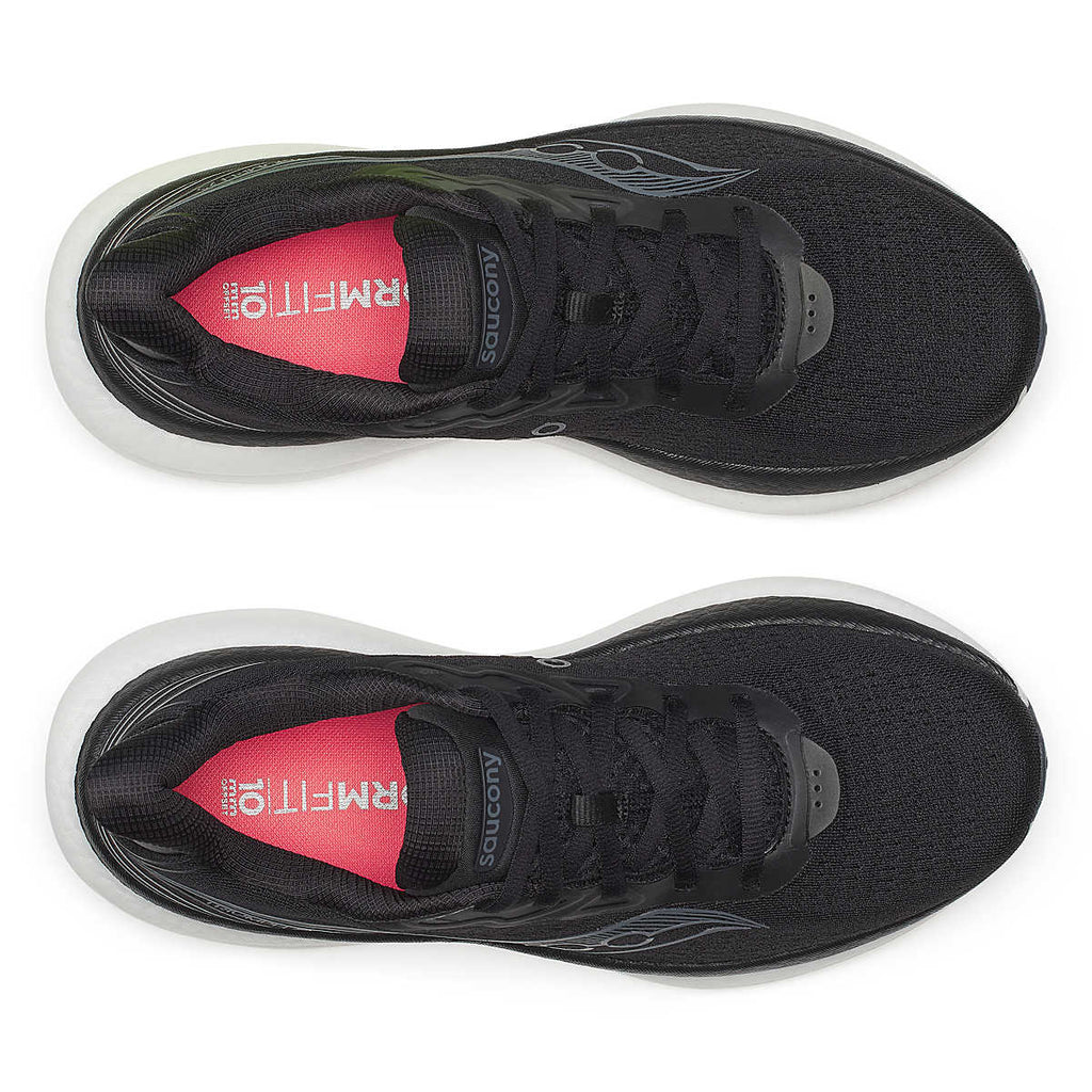 Women's Saucony Triumph 23. Black upper. White midsole. Top view.