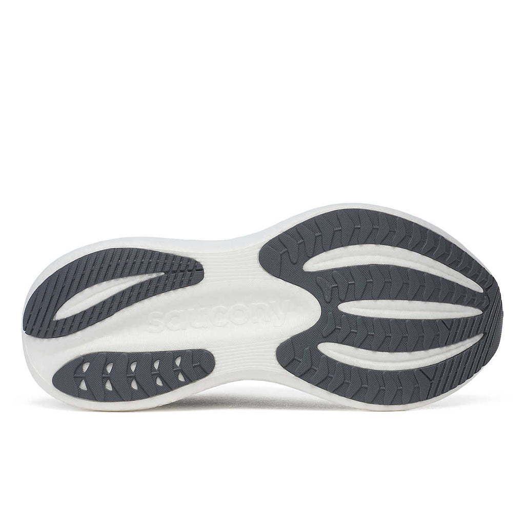 Women's Saucony Triumph 23. Black upper. White midsole. Bottom view.