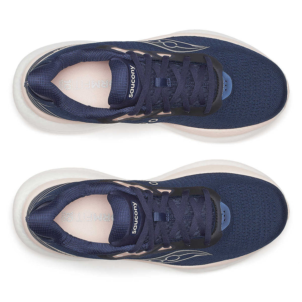 Women's Saucony Triumph 23. Navy upper. White midsole. Top view.