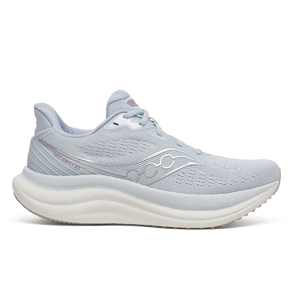 Women's Saucony Triumph 23. Light Blue upper. White midsole. Lateral view.