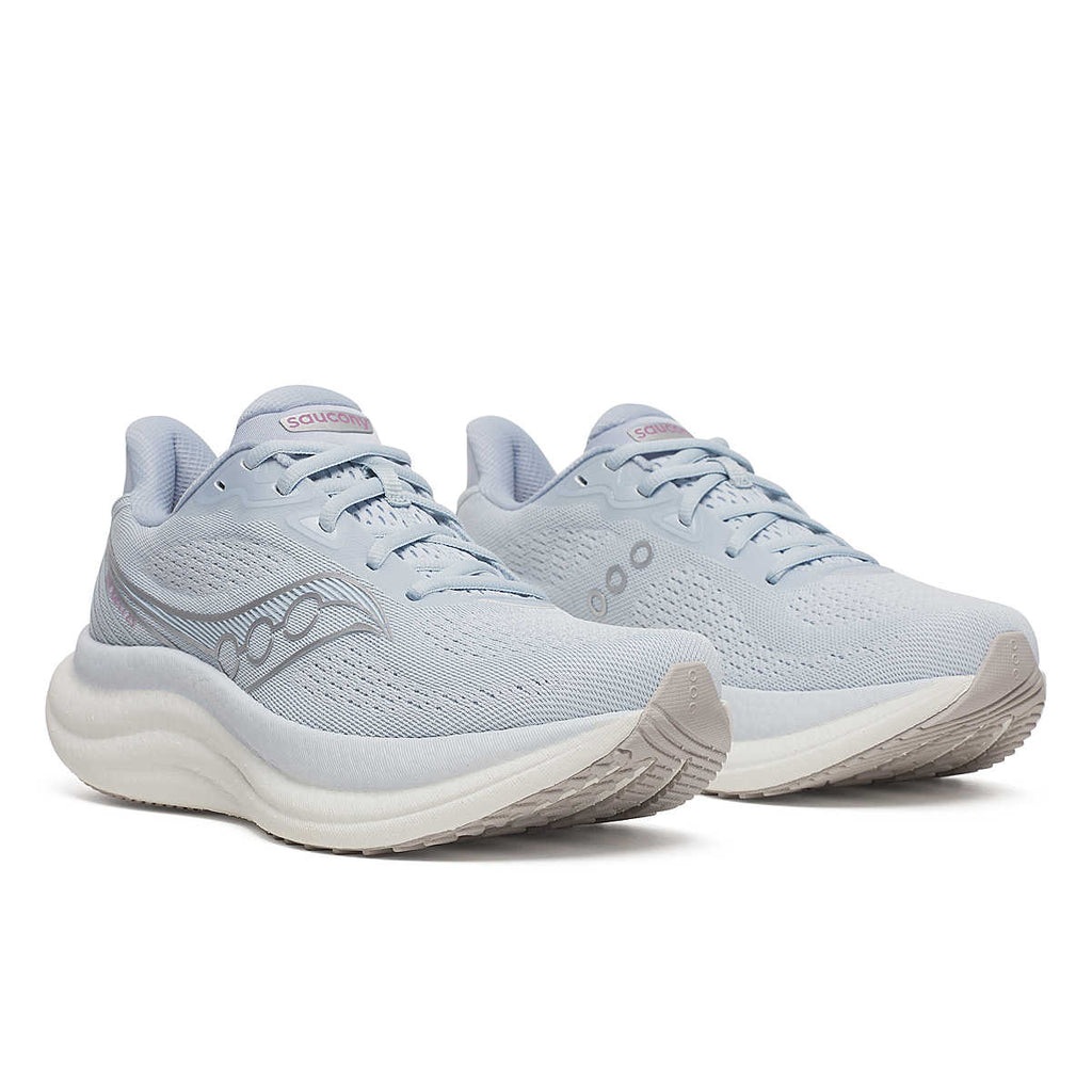 Women's Saucony Triumph 23. Light Blue upper. White midsole. Lateral view.