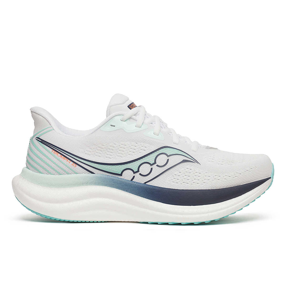 Women's Saucony Triumph 23. White/Navy. Lateral view.