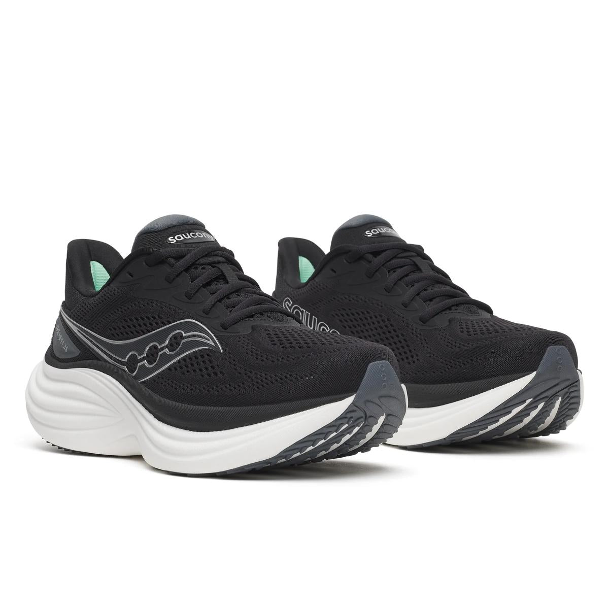 Women's Saucony Triumph 24. Black upper. White midsole. Lateral view.