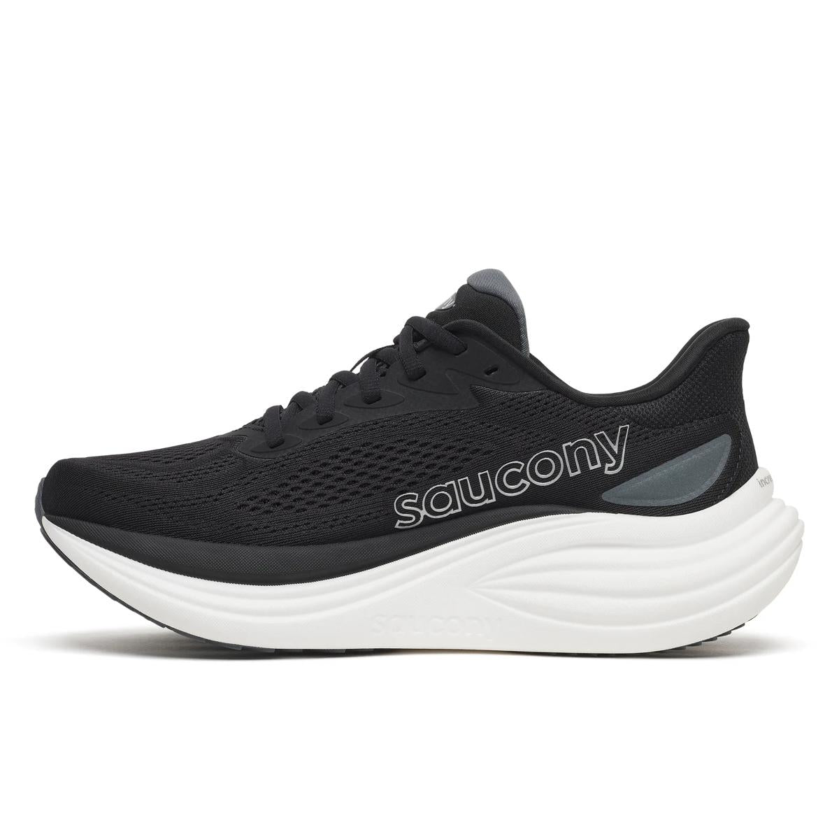Women's Saucony Triumph 24. Black upper. White midsole. Medial view.