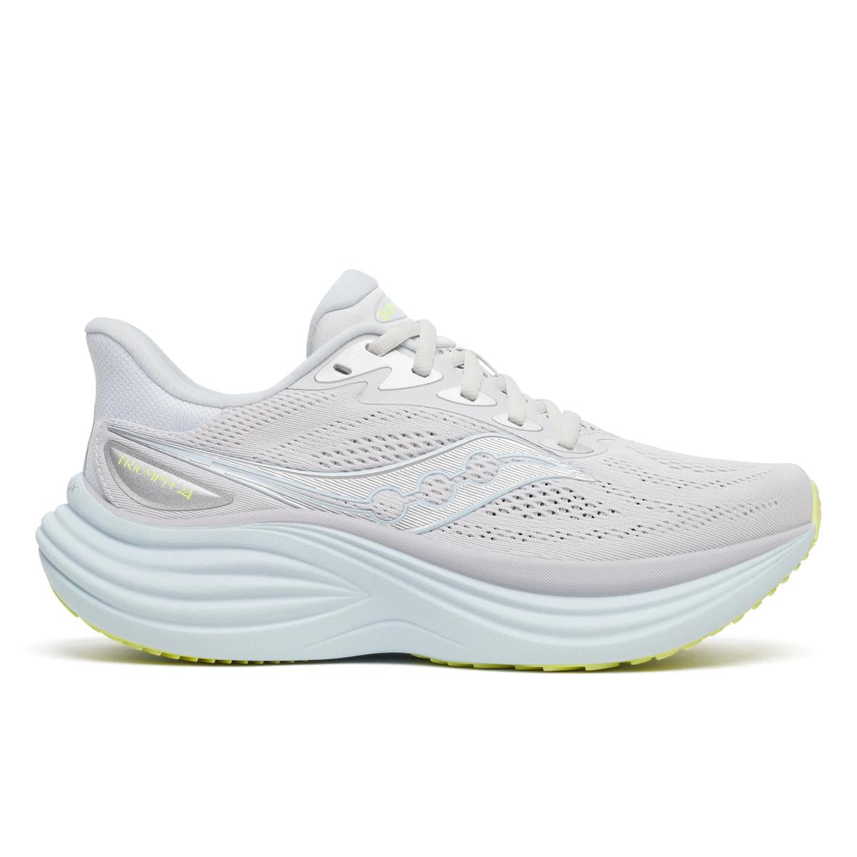 Women's Saucony Triumph 24. White upper. White midsole. Lateral view.