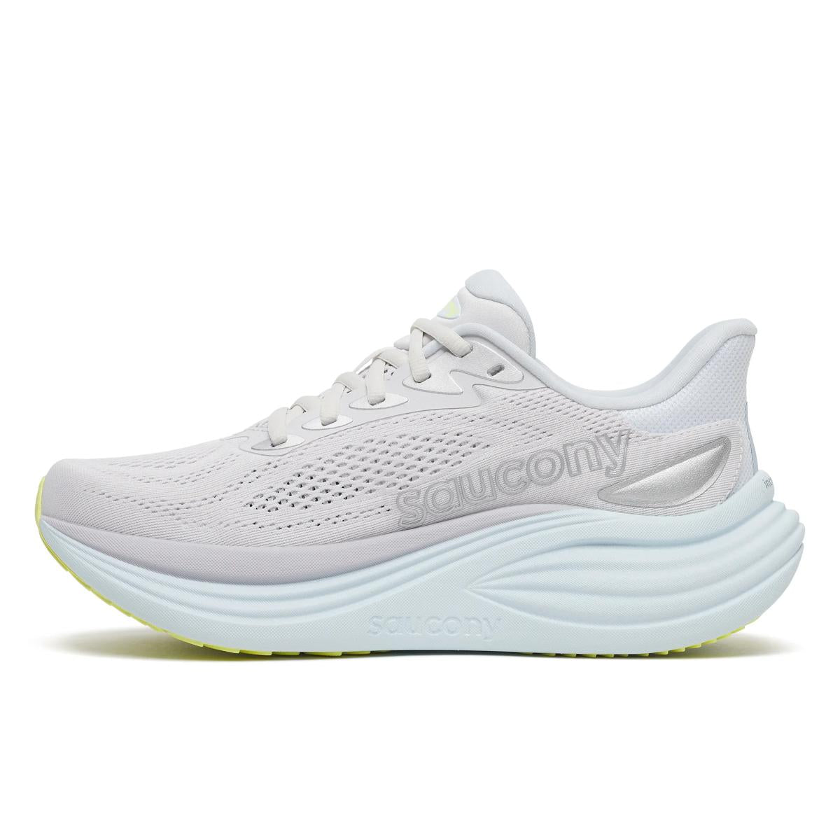 Women's Saucony Triumph 24. White upper. White midsole. Medial view.