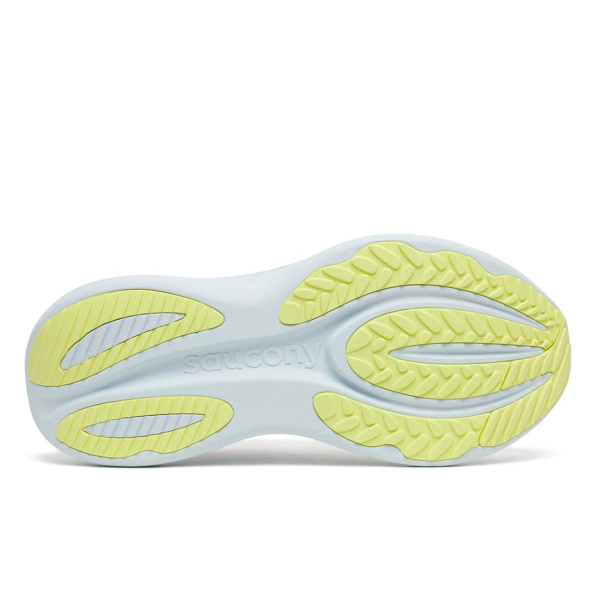 Women's Saucony Triumph 24. White upper. White midsole. Bottom view.