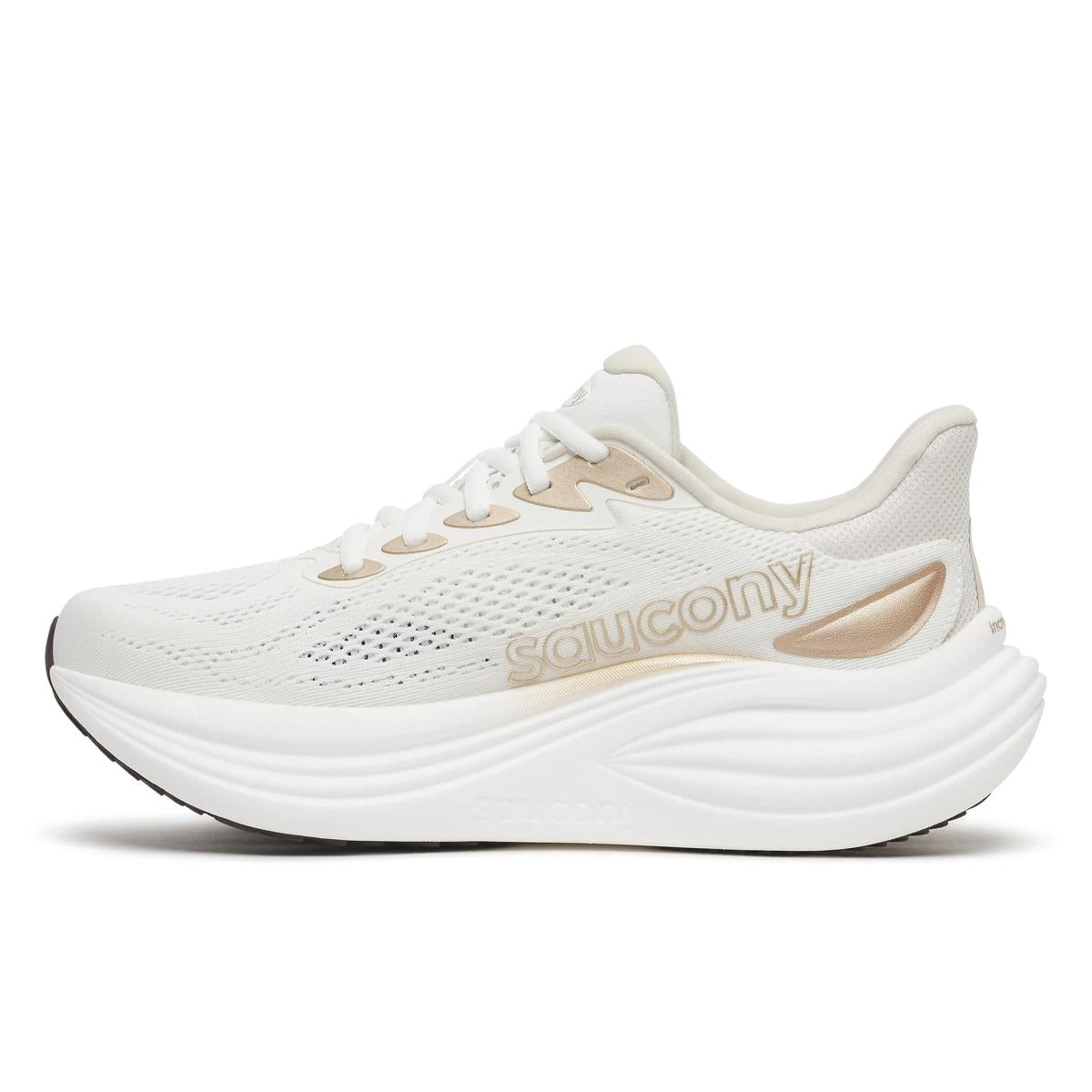 Women's Saucony Triumph 24. Off White upper. White midsole. Medial view.