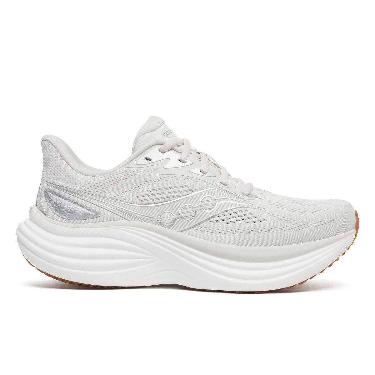 Women's Saucony Triumph 24. Light Grey upper. White midsole. Lateral view.