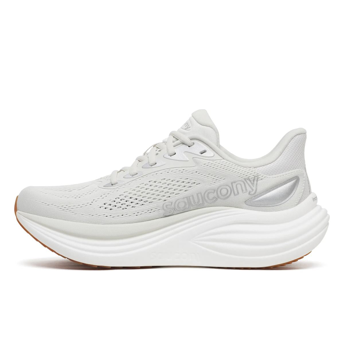 Women's Saucony Triumph 24. Light Grey upper. White midsole. Medial view.