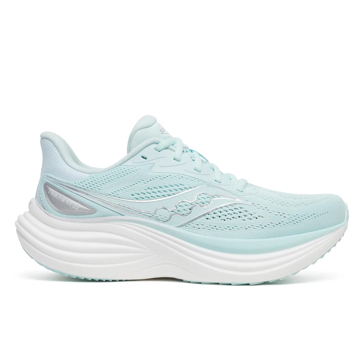 Women's Saucony Triumph 24. Light Green upper. White midsole. Lateral view.