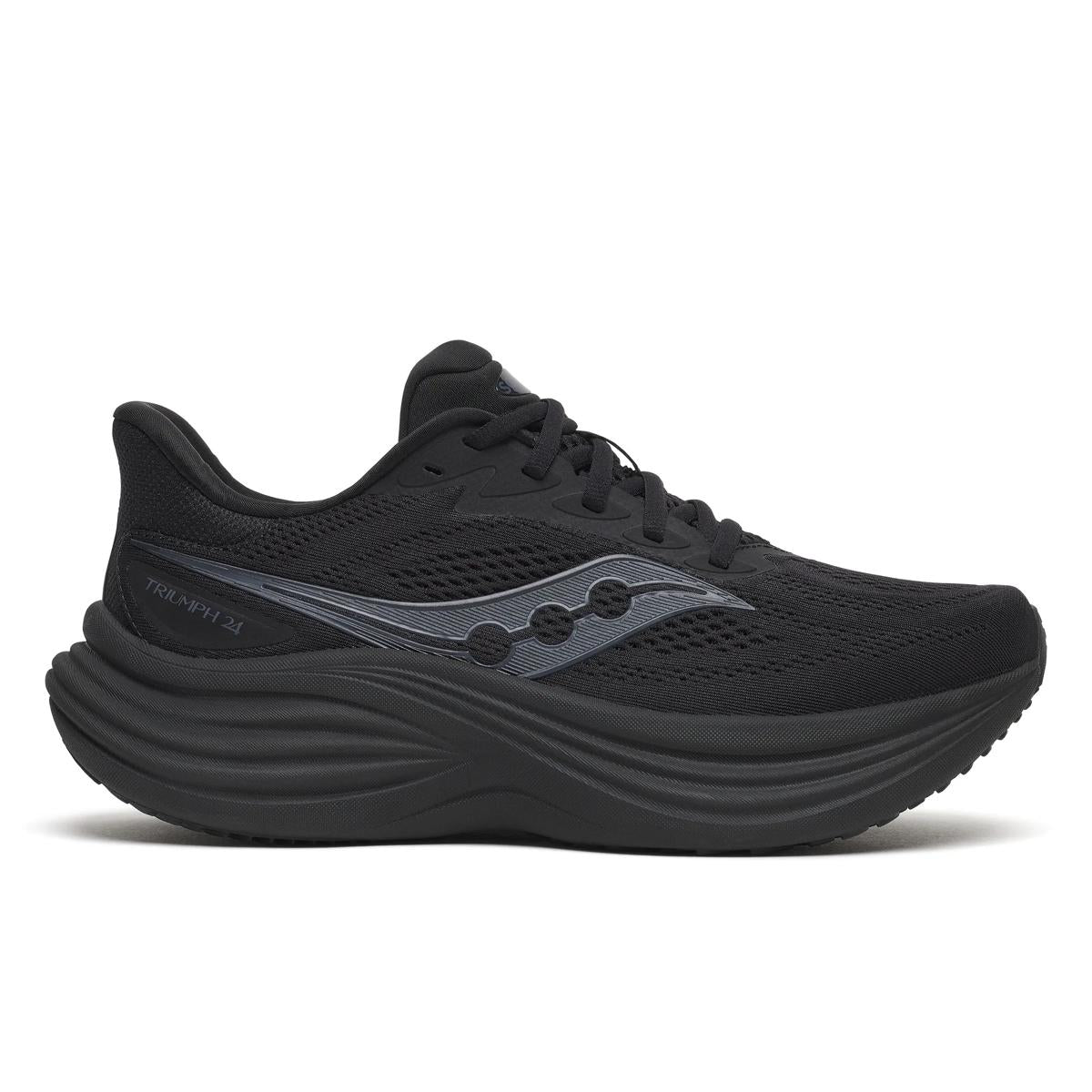 Women's Saucony Triumph 24. Black upper. Black midsole. Lateral view.