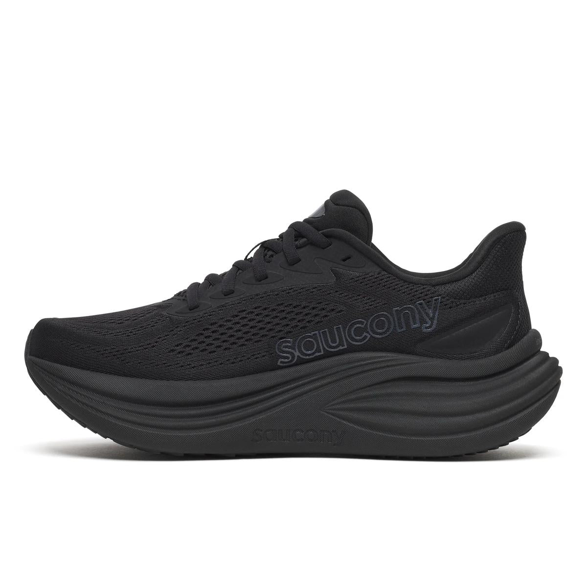 Women's Saucony Triumph 24. Black upper. Black midsole. Medial view.