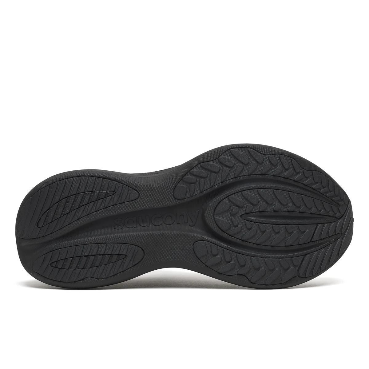 Women's Saucony Triumph 24. Black upper. Black midsole. Bottom view.