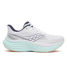 Women's Saucony Triumph 24. White upper. Light Green midsole. Lateral view.