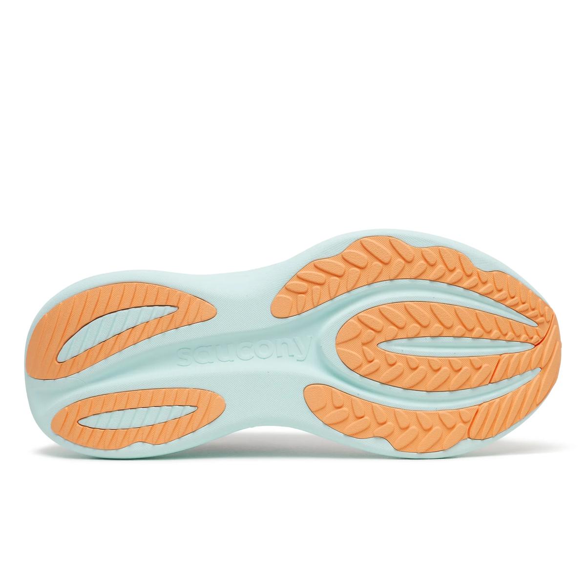Women's Saucony Triumph 24. White upper. Light Green midsole. Bottom view.