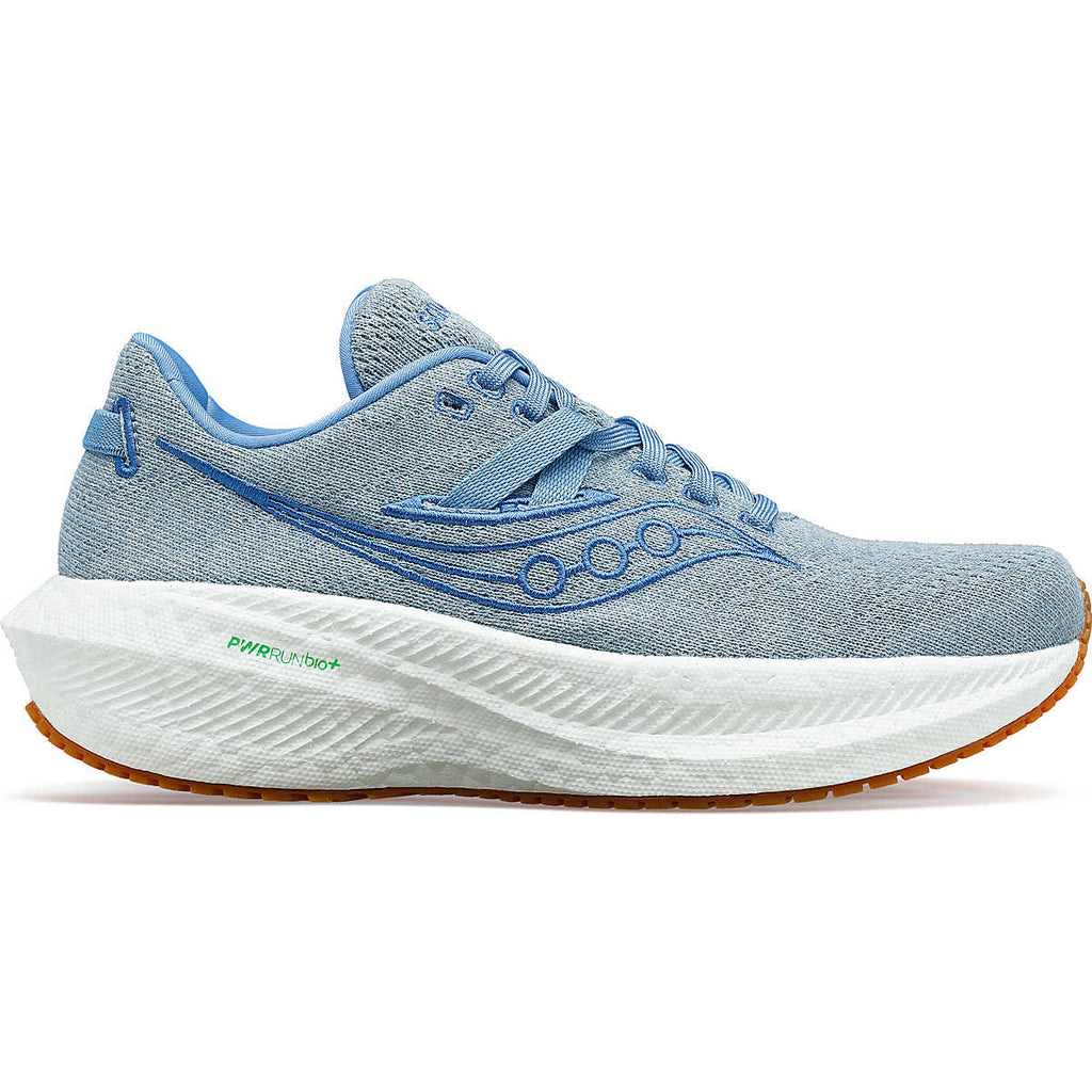 Women's Saucony Triumph RFG. Blue upper. White midsole. Lateral view.