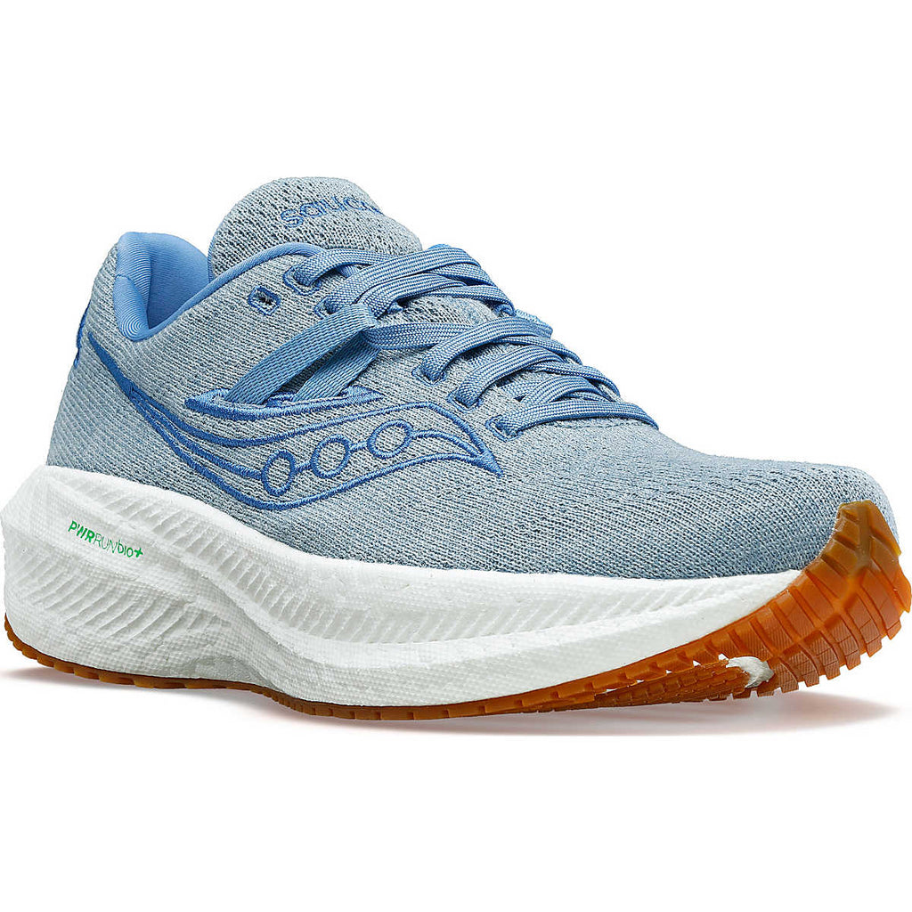 Women's Saucony Triumph RFG. Blue upper. White midsole. Lateral view.