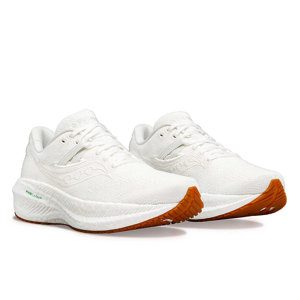 Women's Saucony Triumph RFG. White upper. White midsole. Angled lateral view.