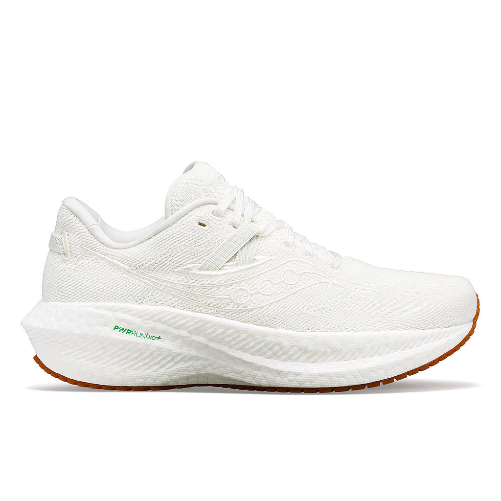Women's Saucony Triumph RFG. White upper. White midsole. Lateral view.
