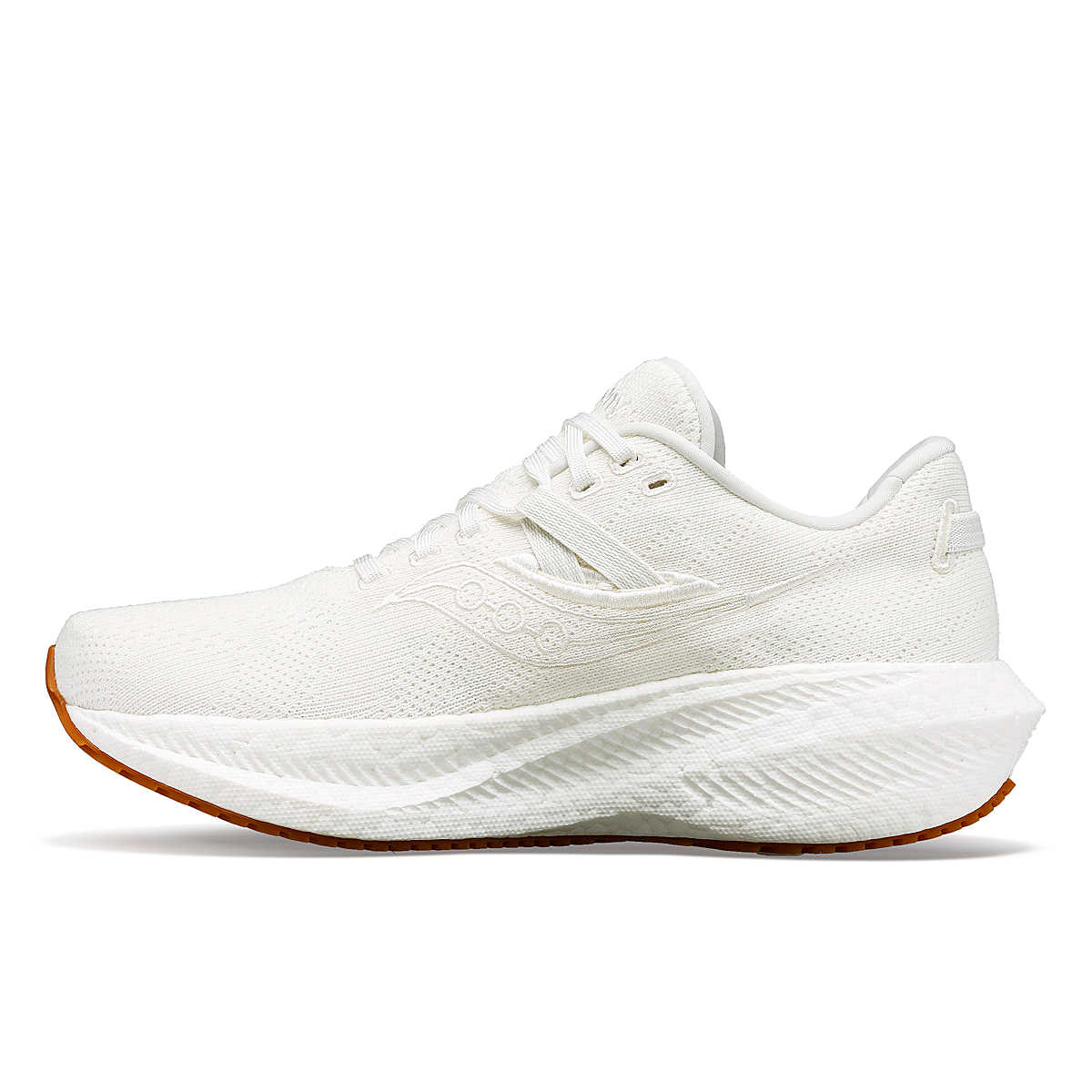 Women's Saucony Triumph RFG. White upper. White midsole. Medial view.