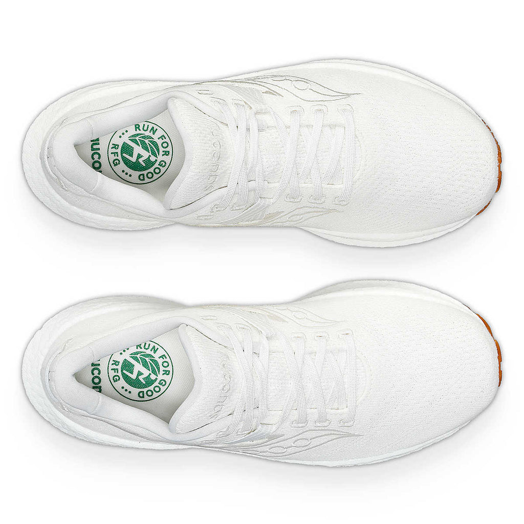 Women's Saucony Triumph RFG. White upper. White midsole. Top view.