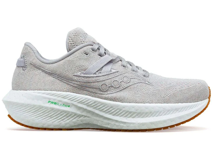 Women's Saucony Triumph RFG. Light Grey upper. White midsole. Lateral view.