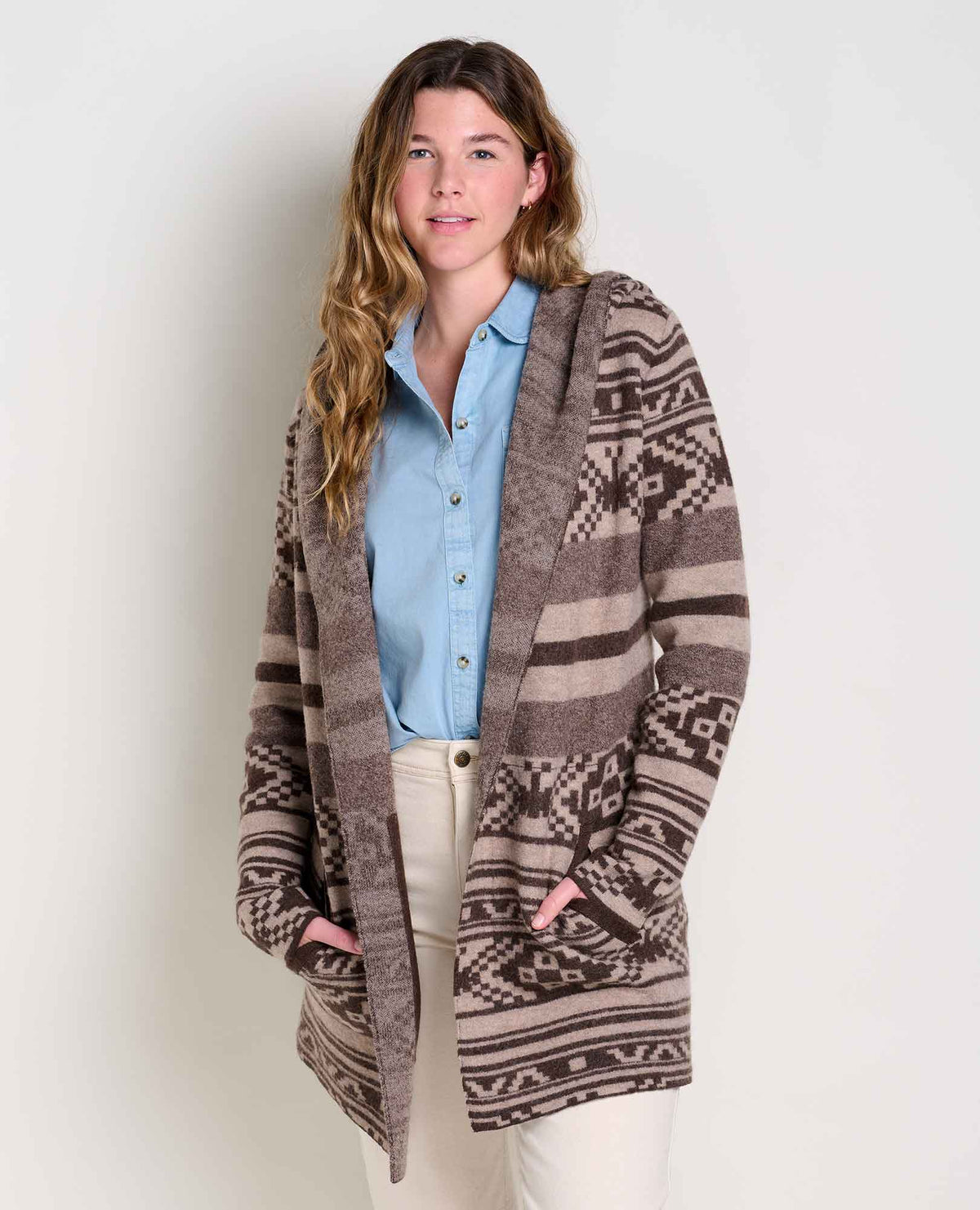 Women's Toad & Co Merino Wool Heartfelt Hoodie. Tan and brown design. Front view.