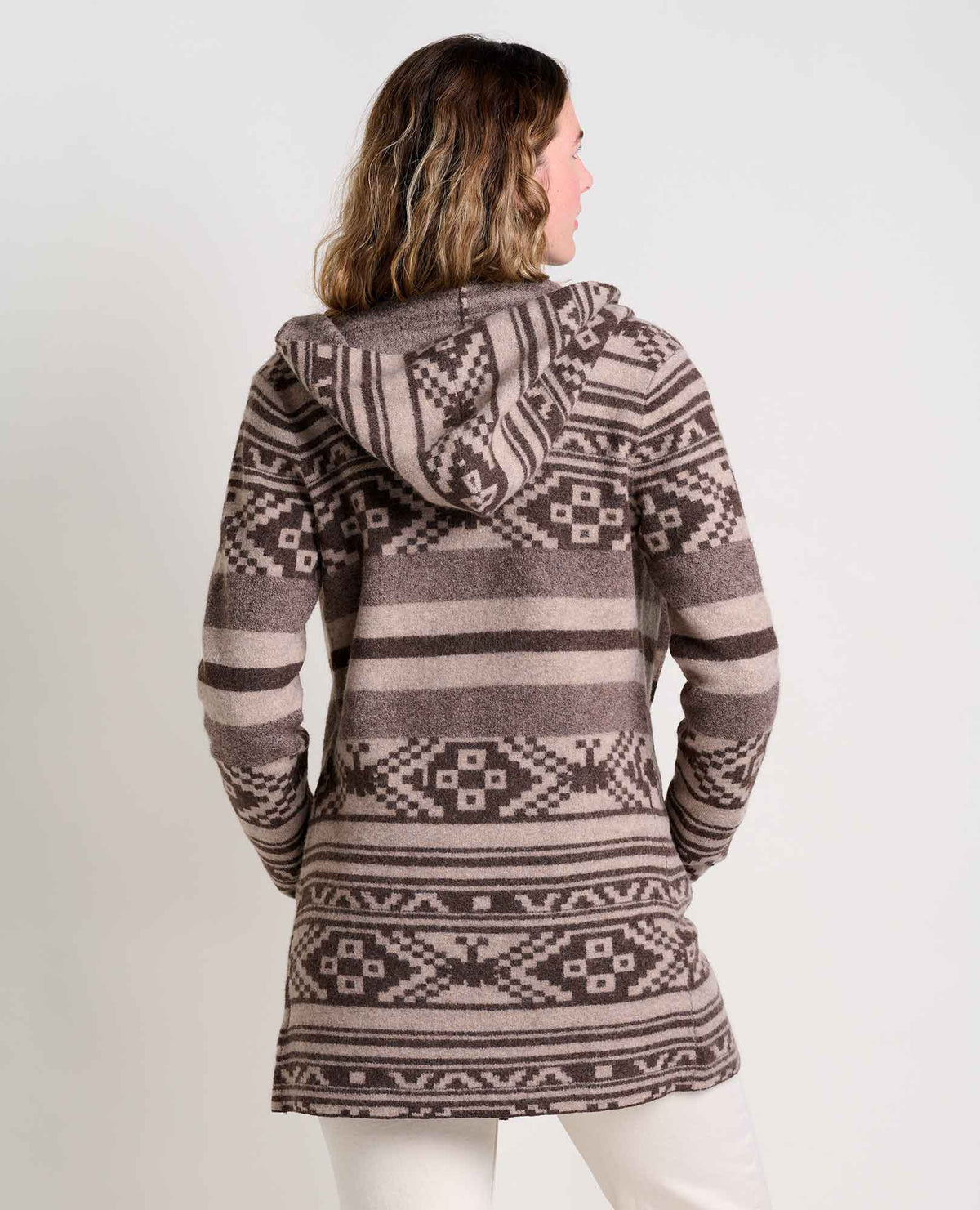 Women's Toad & Co Merino Wool Heartfelt Hoodie. Tan and brown design. Back view.