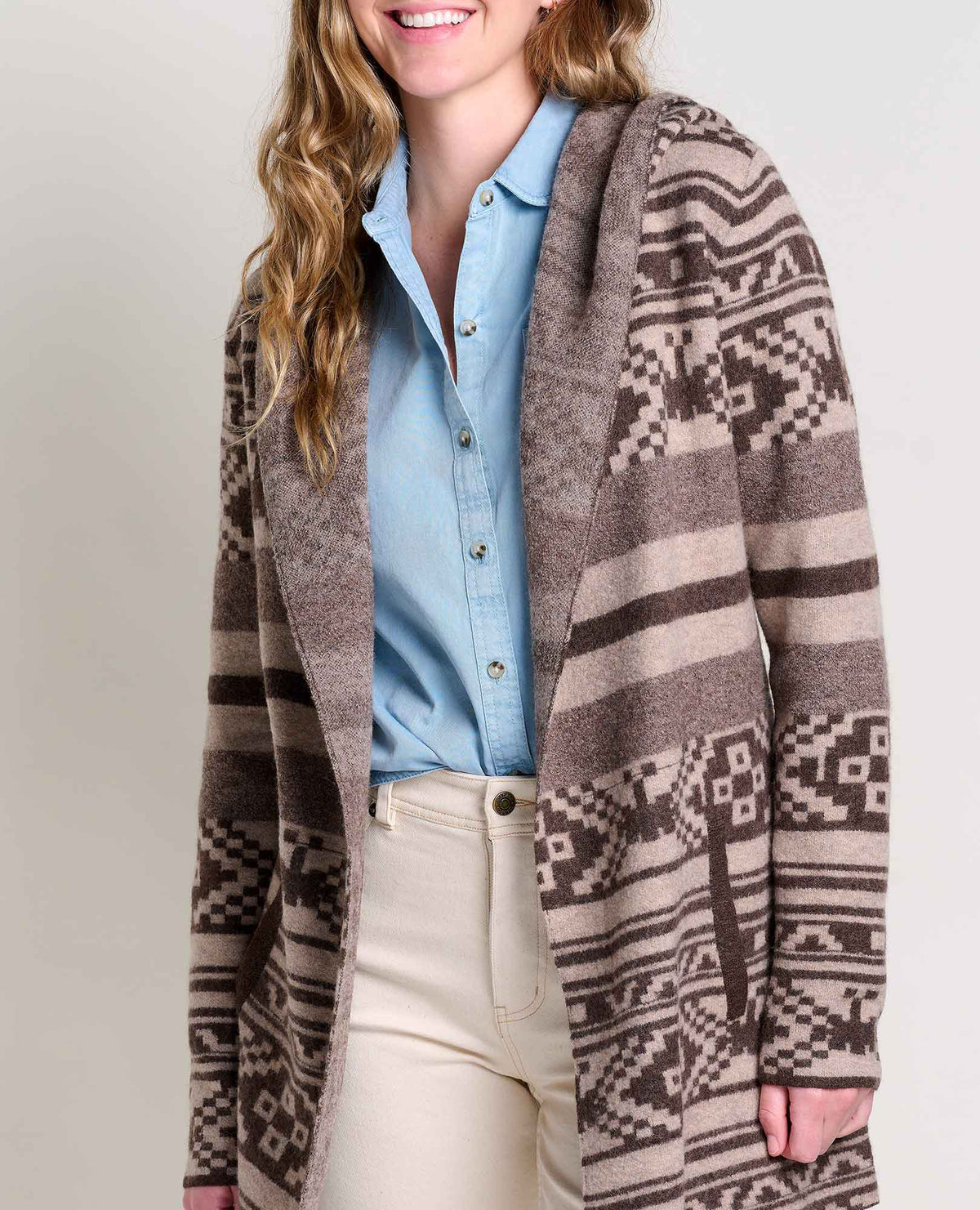 Women's Toad & Co Merino Wool Heartfelt Hoodie. Tan and brown design. Front view.
