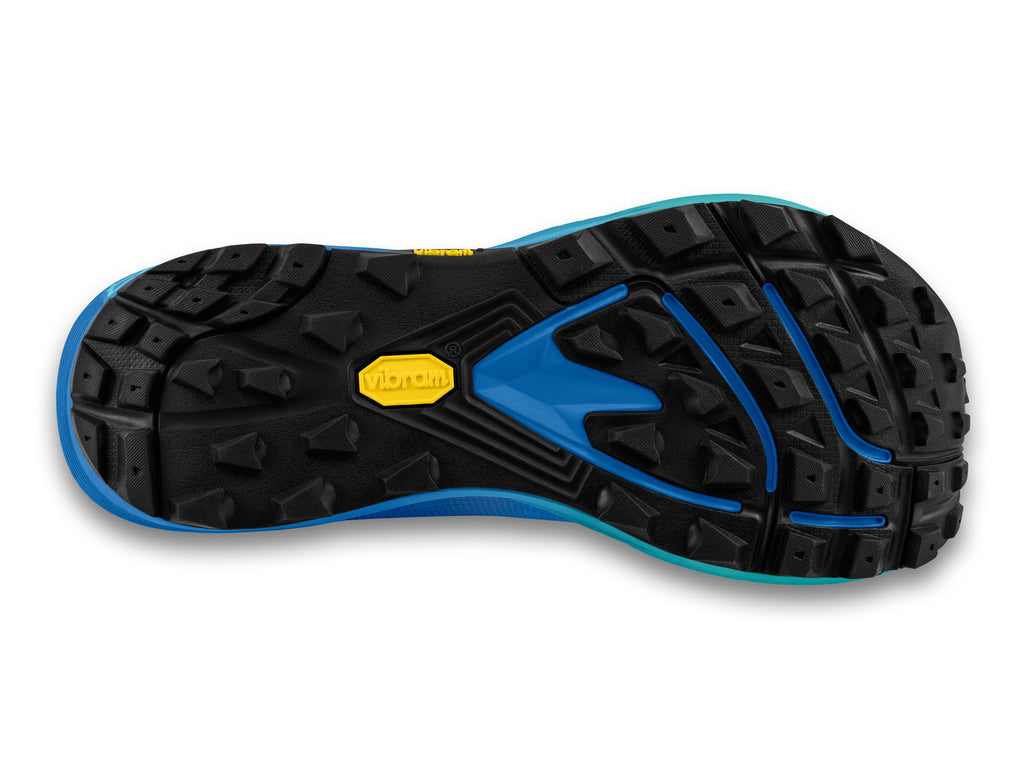 Women's Topo MTN Racer. Blue upper. Blue midsole. Bottom view.