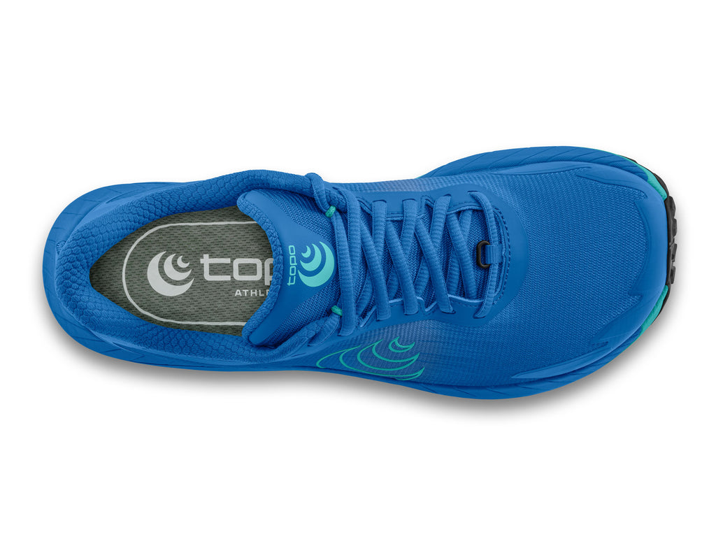 Women's Topo MTN Racer. Blue upper. Blue midsole. Top view.