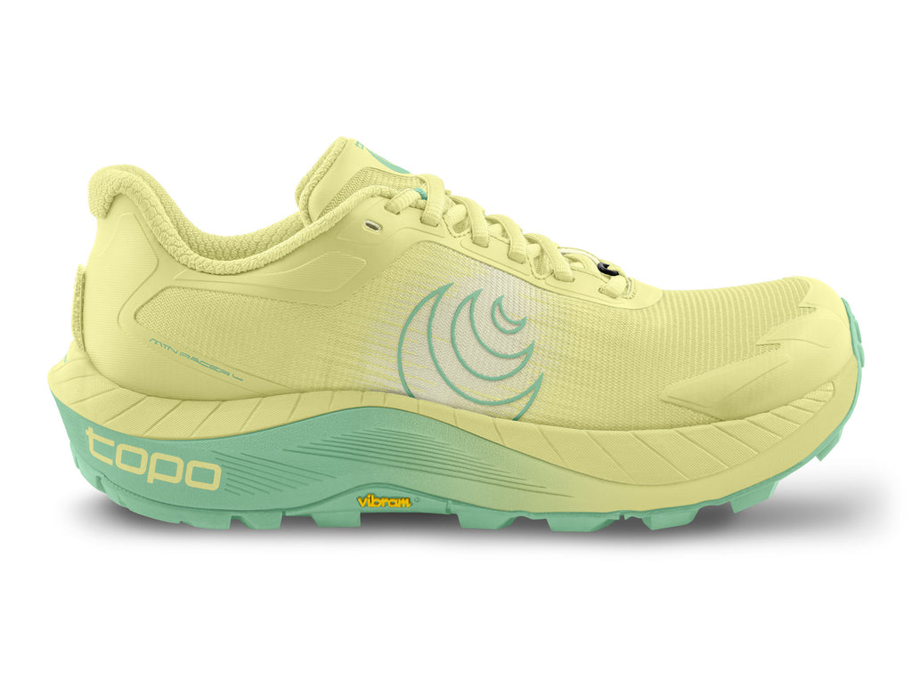 Women's Topo MTN Racer 4. Yellow upper. Yellow and green midsole. Green logo. Lateral view.