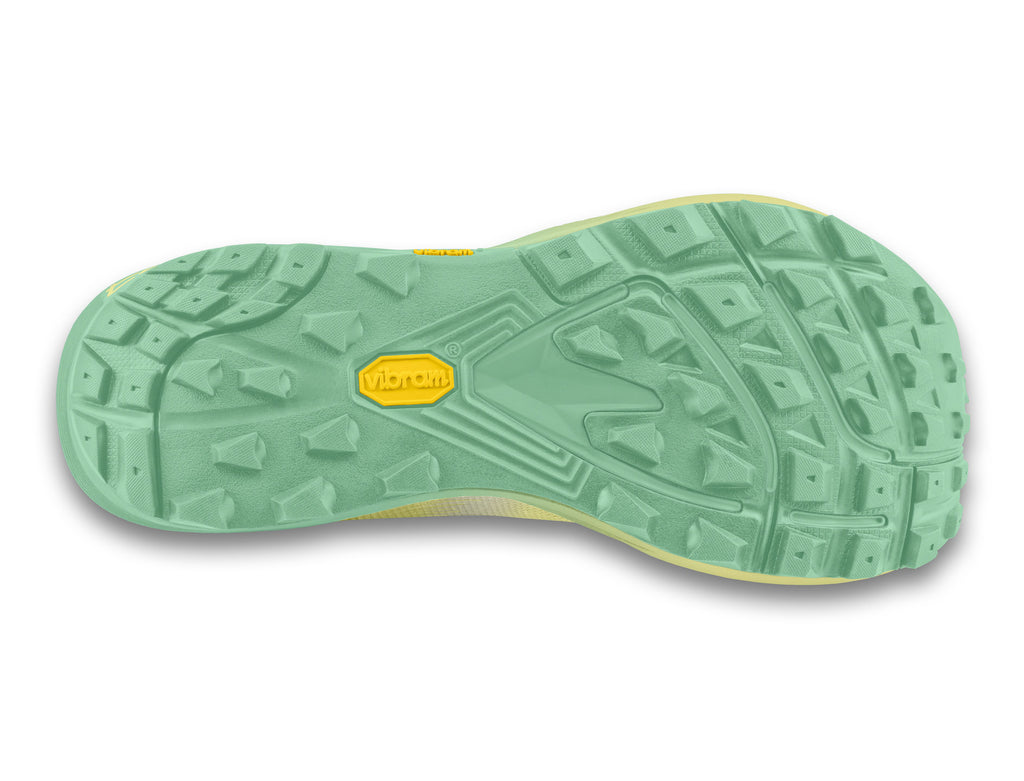 Women's Topo MTN Racer 4. Yellow upper. Yellow and green midsole. Bottom view.