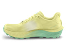 Women's Topo MTN Racer 4. Yellow upper. Yellow and green midsole. Medial view.