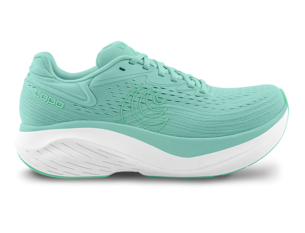 Women's Topo Atmos 2. Aqua upper. White midsole. Lateral view.