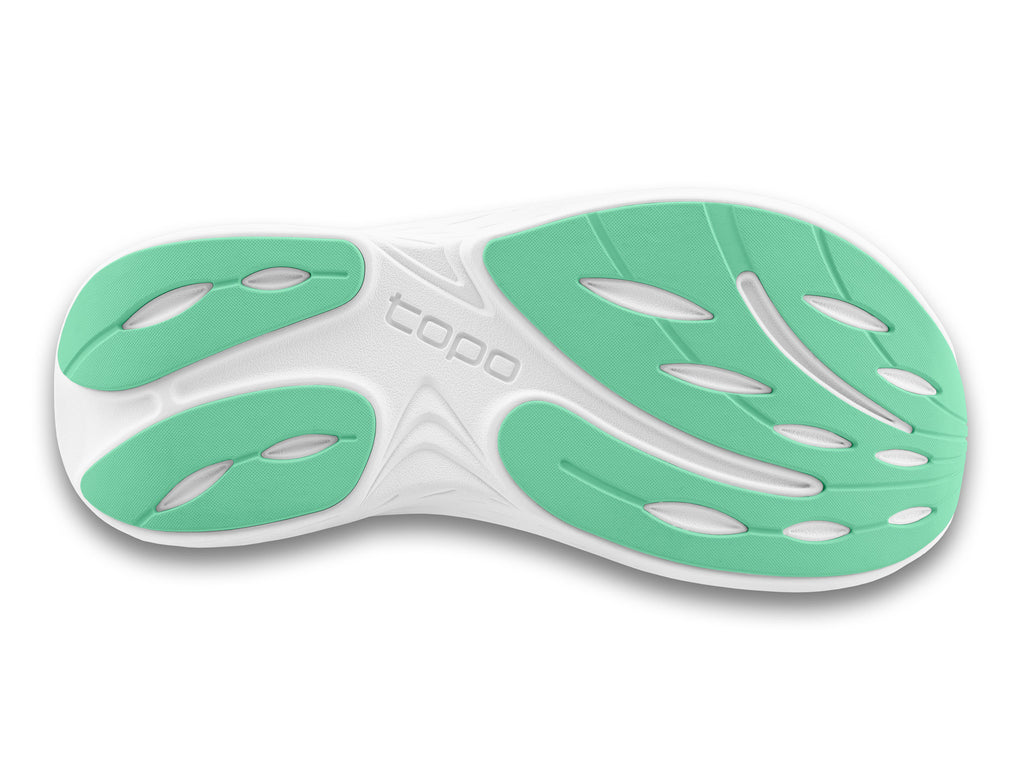 Women's Topo Atmos 2. Aqua upper. White midsole. Bottom view.