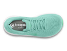Women's Topo Atmos 2. Green upper. White midsole. Top view.