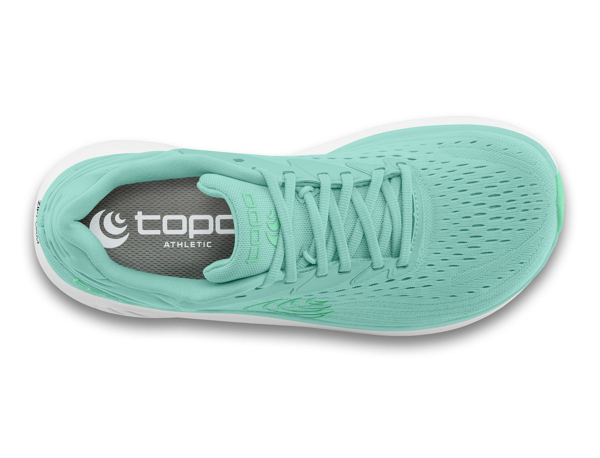 Women's Topo Atmos 2. Green upper. White midsole. Top view.