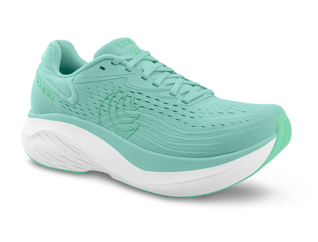Women's Topo Atmos 2. Aqua upper. White midsole. Lateral view.