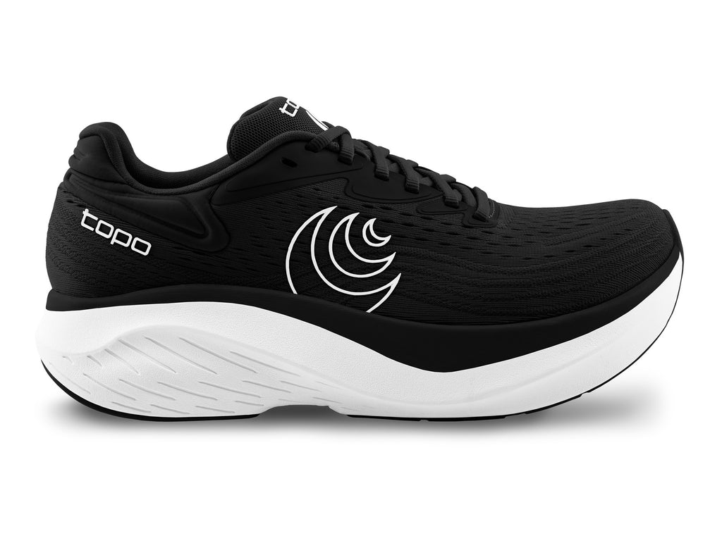 Women's Topo Atmos 2. Black upper. White midsole. Lateral view.